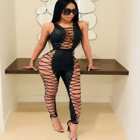 Black Leather Lace-Up Jumpsuit